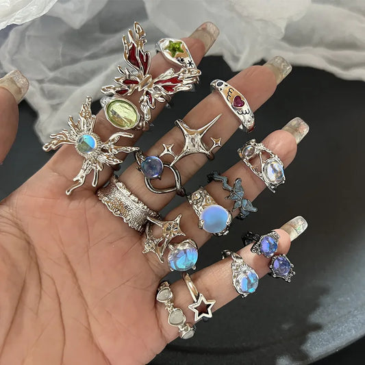 Y2K Crystal Heart Rings Set