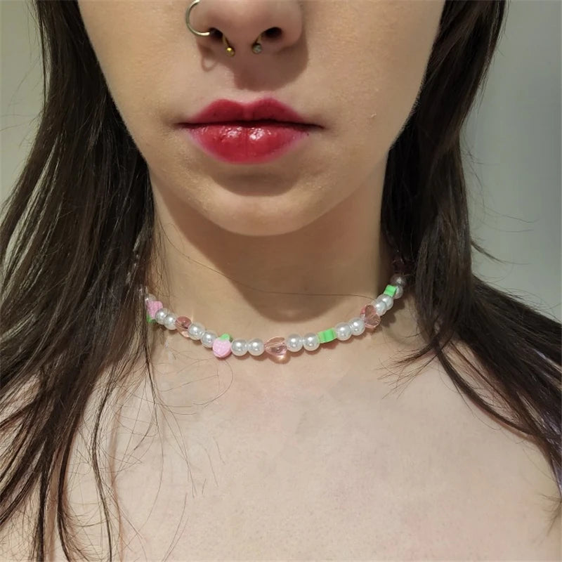 Y2K Bead Heart Choker Necklace