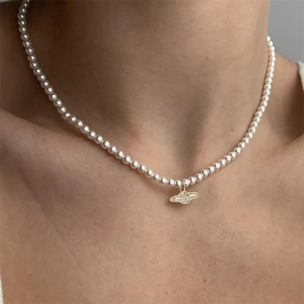 Y2K Vintage Crystal Saturn Pearl Choker